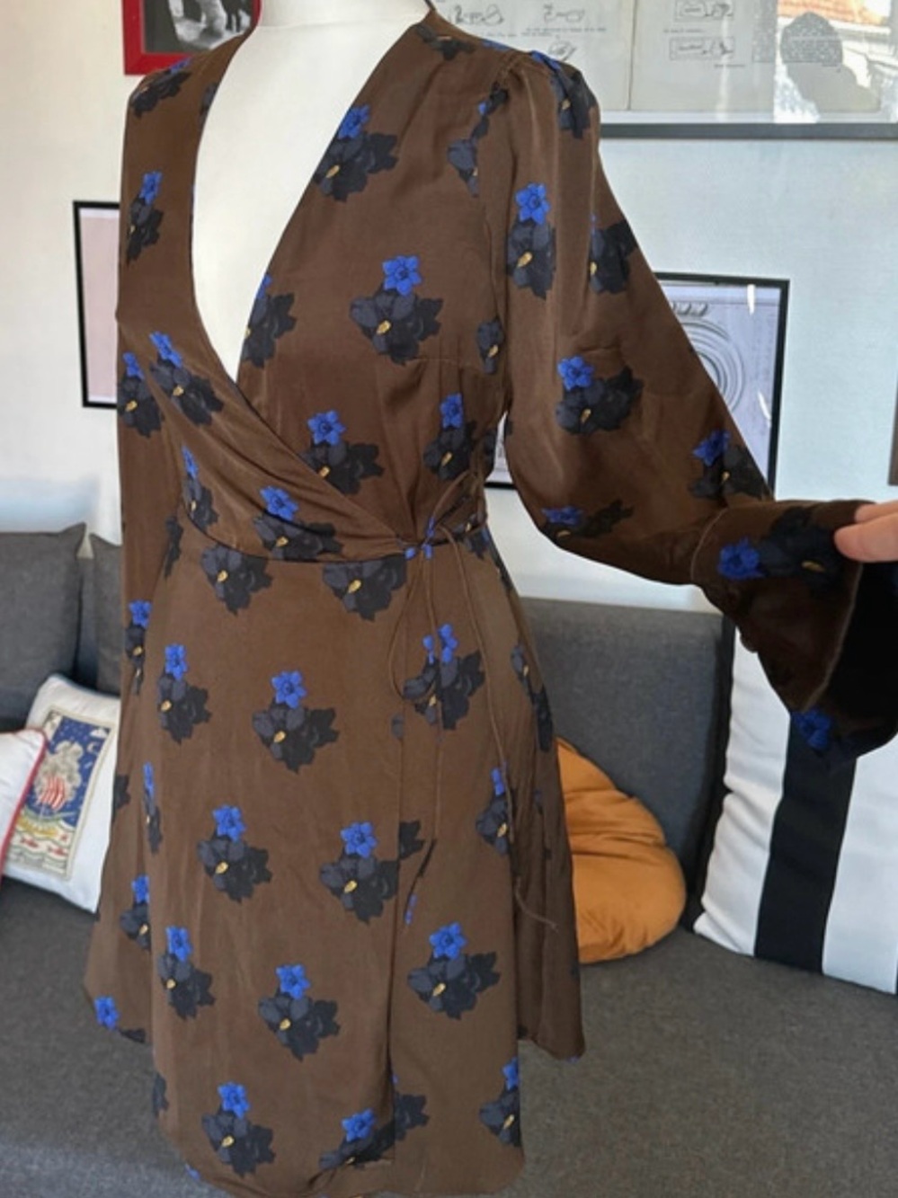 Mango Cocoa Brown Real Wrap Dress with Blue Floral Accents 3/4 Sleeve